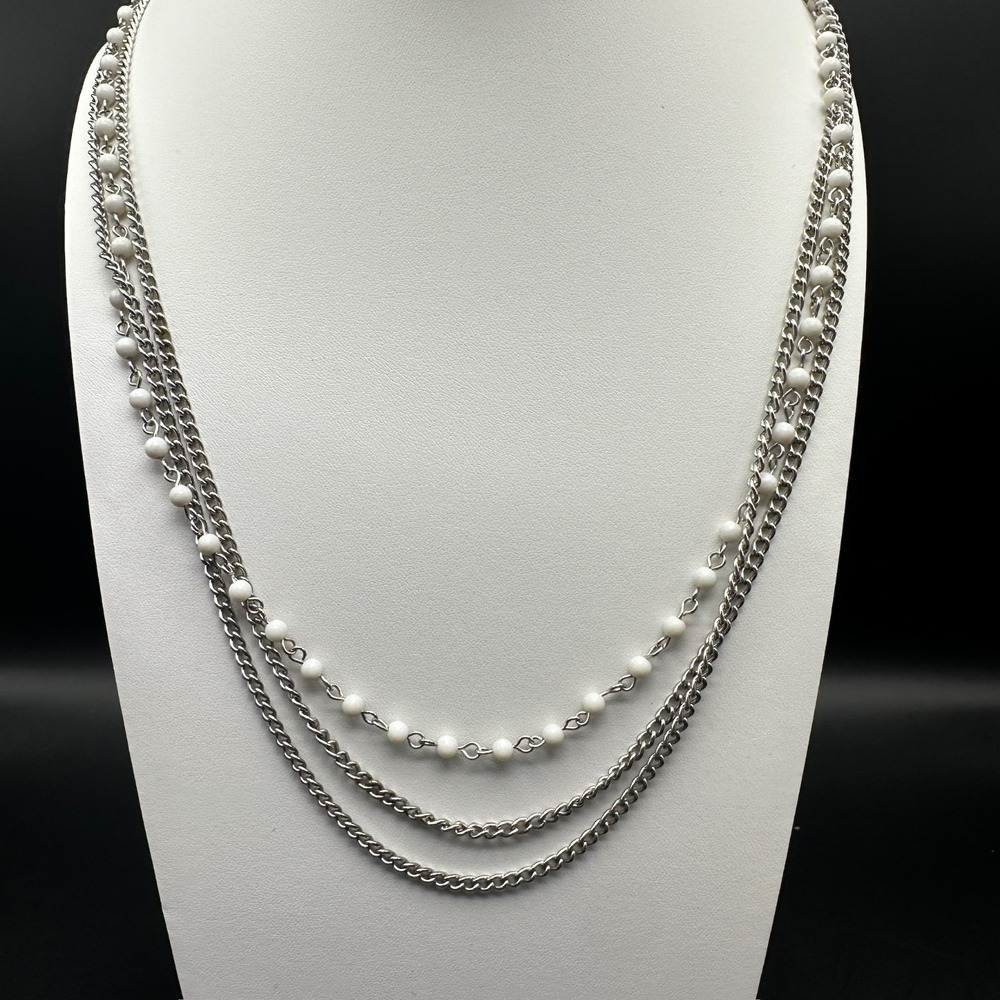 Vintage 90s White Bead Multi Strand Silver Tone Chain Necklace Layered Jewelry